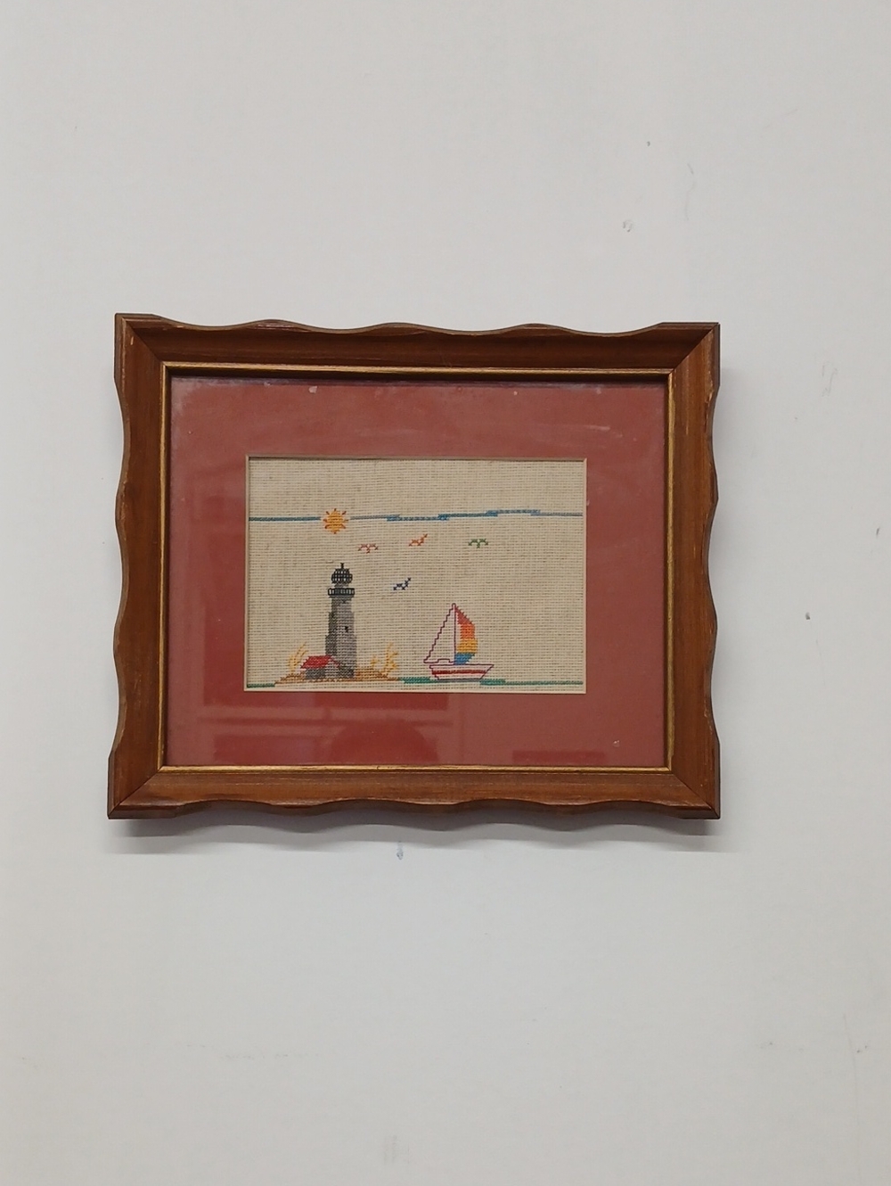 Framed Nautical Cross-Stitch Artwork in Red Mat